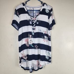 Maurices Women White Navy Striped Short Sleeve Floral Pattern Tie Up Top Large